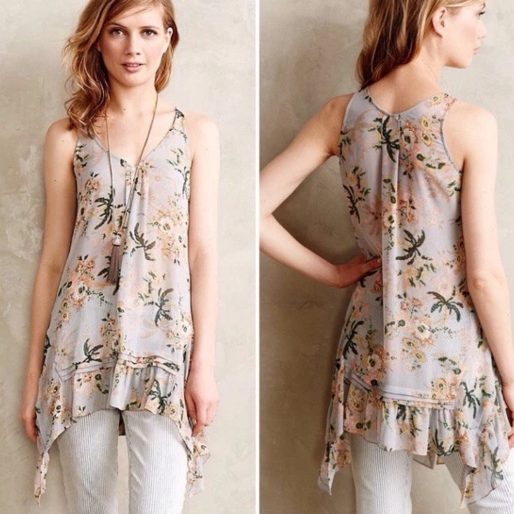 MAEVE‎ Floral Sheer Sleeveless Tunic Gray Peach Ruffle Size Small